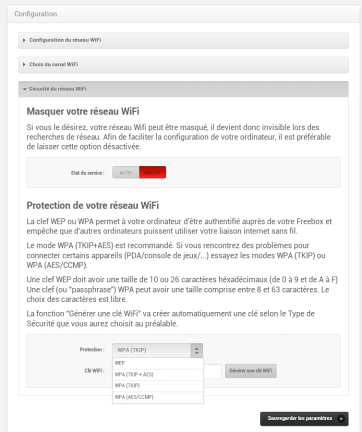 Interface de votre configuration WiFi depuis le site Free.fr